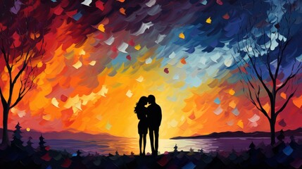  a painting of a couple holding each other in front of a sunset over a body of water with trees in the foreground and a colorful sky in the background.