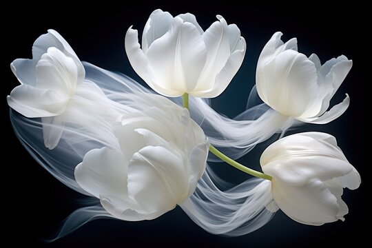  a group of white tulips on a black background with a white smoke trail in the middle of the picture and a black background with white tulips in the foreground.
