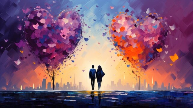  a painting of a man and a woman standing in front of a heart - shaped tree with a city skyline in the background and two balloons floating in the air.