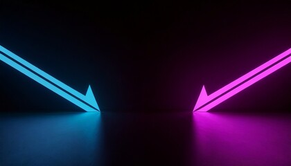 3d render abstract minimalist geometric background two counter neon arrows approaching each other duality concept