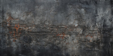 a banner with the texture of a cracked grunge concrete wall covered with an abstract network of cracks, dark gray tinting with terracotta inclusions