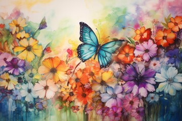  a painting of a blue butterfly flying over a bunch of flowers on a white and orange background with watercolor splashing on the bottom of the image and bottom half of the painting.