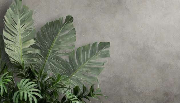 tropical leaves on a gray background photo wallpaper with leaves fresco for the interior wall decor in grunge style painted green leaves photo wallpapers 3d © Wendy