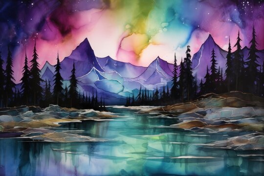  a painting of a mountain lake with trees and a sky filled with multicolored clouds and a star filled sky with stars and clouds above it is a body of water.