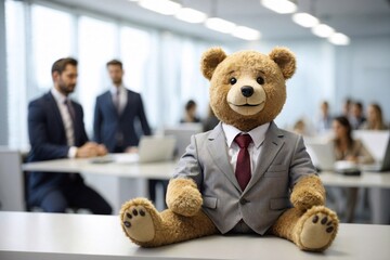 adorable tedy-bear dressed in a suit, stationed on an office desk, symbolizing companionship in the workplace, professional plushie - obrazy, fototapety, plakaty