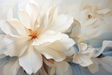  a painting of a large white flower on a blue and white background with a red center in the center of the flower and a smaller white flower in the middle of the center.