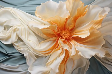  a large white and yellow flower on a blue and white cloth textured background with a large orange flower in the middle of the center of the center of the image.