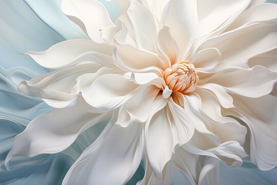  a close up of a large white flower on a blue and white background with a large white flower in the middle of the center of the center of the image.