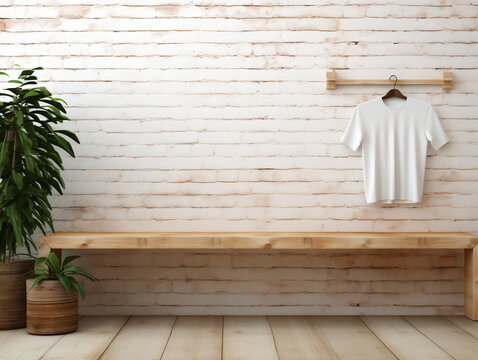 White T-shirt mockup hanging on a wooden rack in a bright interior with a plant
