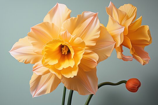  two yellow daffodils are in a vase on a table with a blue wall in the background and a red flower in the middle of the vase is in the foreground.