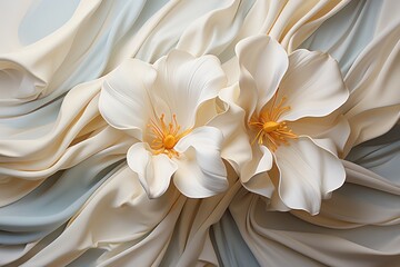  a couple of white flowers sitting on top of a blue and white sheeted bed cover over it's head and a blue and white wall behind it is a large white flower with two yellow stamens in the middle.