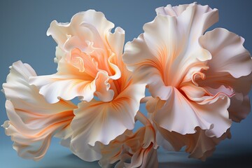  a close up of two large flowers on a blue and white background with one large flower in the middle of the picture and one smaller flower in the middle of the picture.