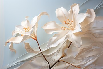  a painting of two white flowers on a blue and white background with a blurry image of a flower in the middle of the image and the middle of the image.