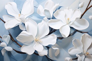  a painting of a bunch of white flowers on a blue and white background with some brown stems sticking out of the center of the flower, and the petals in the center of the center of the. - obrazy, fototapety, plakaty