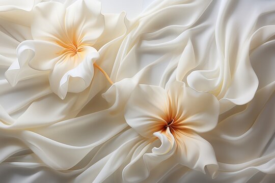  a close up of a white flower on a white satin material background with two large white flowers in the center of the image and a smaller white flower in the center of the middle.