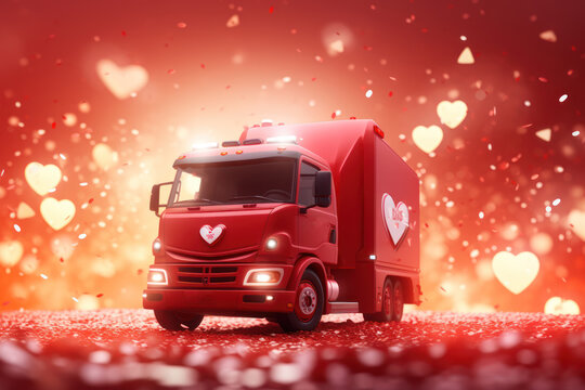  a red truck parked in front of a red background with hearts on the side of the truck and a red background with white hearts on the side of the truck.