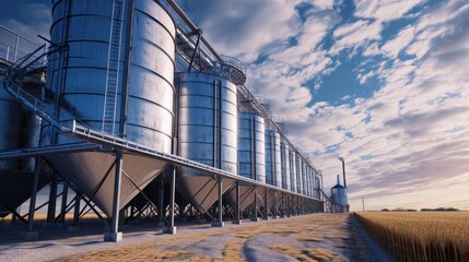 Obraz premium Agro silos granary elevator with seeds cleaning line on storage of agricultural products in rye corn or wheat field