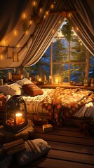 Obraz na płótnie Canvas Cozy bedroom with a view of the forest