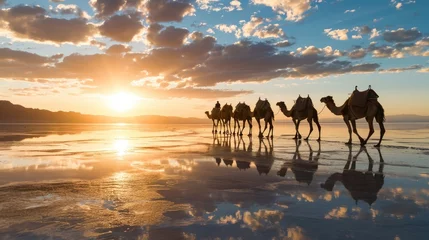 Fototapeten Caravan of camels on the salt lake at sunrise. © Lubos Chlubny