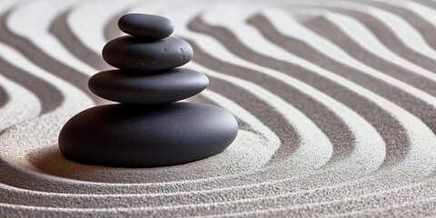 Fototapeta na wymiar Pyramid of Grey, Black smooth stones laid on the sand with a pattern of waves. Zen. Meditation. Concept balance, peace, calm, harmony. Minimalism. Relax. Natural background. Copy space. Ai art