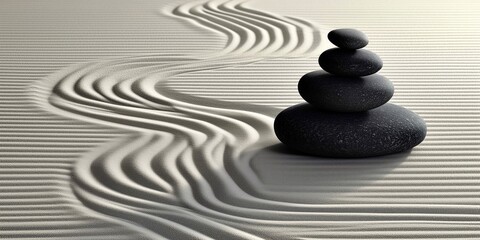 Fototapeta na wymiar Pyramid of Grey, Black smooth stones laid on the sand with a pattern of waves. Zen. Meditation. Concept balance, peace, calm, harmony. Minimalism. Relax. Natural background. Copy space. Ai art