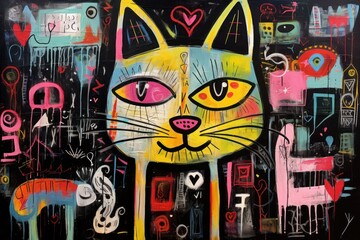  a painting of a cat with a heart on it's head and a cat with a heart on it's chest, surrounded by other cats and a black background.