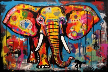  a painting of an elephant with colorful paint splatters on it's face and tusks on it's trunk, in front of a black background.