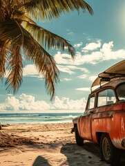 An old car parked on a tropical beach with a canoe on the roof.