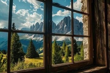 View from the window of the beautiful mountain landscape, the Dolomites.