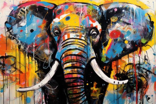  a painting of an elephant with paint splatters on it's face and tusks on its tusks, with a yellow background of multi - colored paint.