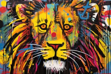  a painting of a lion's face with multicolored paint splatters on it's face and a black background with white, red, yellow, blue, green, red, orange, yellow, and blue, and pink, and black stripes