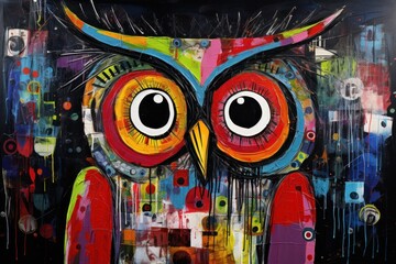  a painting of a colorful owl with big eyes and a long tail, with lots of paint splatters all over it's body and a black background.