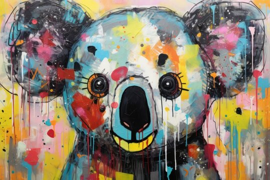  a painting of a koala bear with colorful paint splatters on it's face and eyes, with a black nose, yellow, red, orange, blue, yellow, red, and black, and white background.