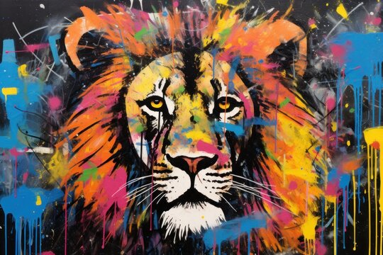  a painting of a lion with multicolored paint splatters on it's face and a black background with yellow, red, orange, yellow, blue, green, and pink, and blue colors.