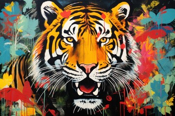  a painting of a tiger with paint splatters all over it's face and a yellow, black, orange, and white tiger's head on a black background.