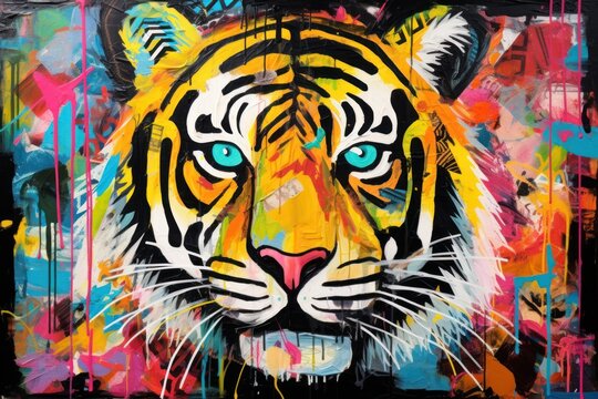  a painting of a tiger's face with blue eyes and multicolored paint splattered on the side of the face of the tiger's face.