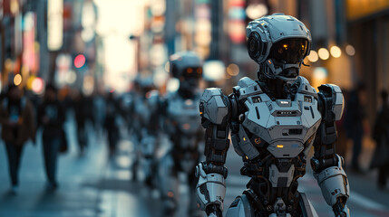 Naklejka premium Robots on city street