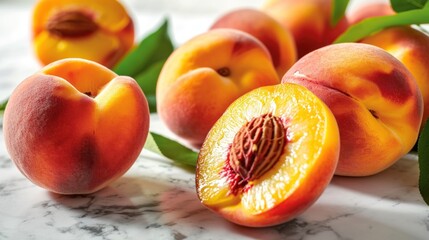  a group of peaches sitting on top of a marble counter top next to a couple of green leaves and a piece of fruit with a bite taken out of it.