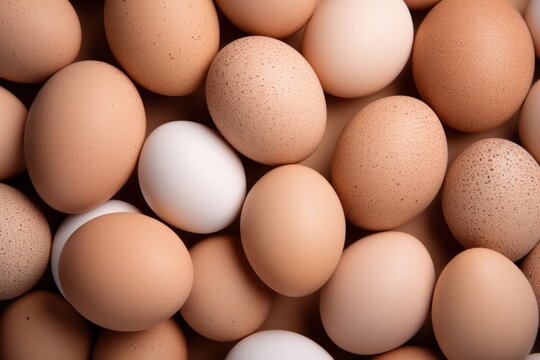  a pile of brown and white eggs with speckled brown eggs in the middle of the image and a white egg in the middle of the middle of the photo.