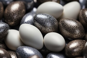 Fototapeta na wymiar a pile of black and white eggs sitting on top of a pile of brown and white eggs on top of a pile of black and white eggs on top of black and white eggs.