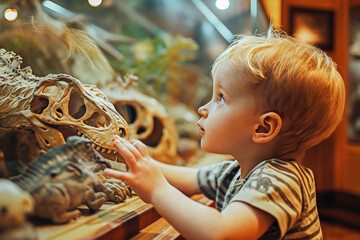 A young child in a museum looking curiously at dinosaur skeletons, symbolizing learning and...