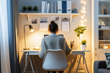 A woman focusing on her work at a cozy home office setup with a computer and warm ambient lighting.
