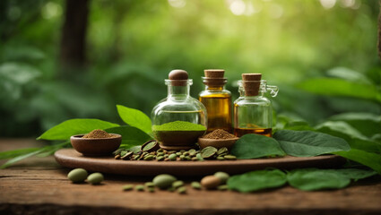 Illustration background for natural ayurvedic organic medicine, natural perfume. healing herbs, Generative AI - obrazy, fototapety, plakaty