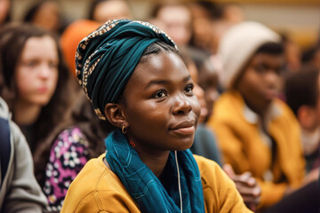 Portrait of a young African woman in a turban, attentively listening at a conference among a diverse audience. - obrazy, fototapety, plakaty