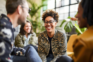 A group of diverse friends laugh during a casual meeting in a bright office space.