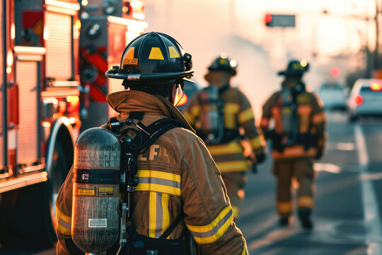 Rear view of firefighter in full gear standing near a fire truck at an emergency scene with colleagues in the background.