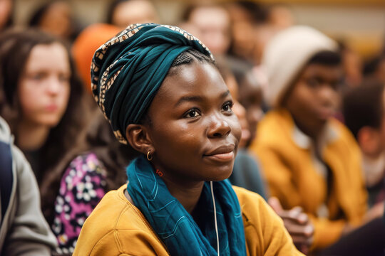 Portrait of a young African woman in a turban, attentively listening at a conference among a diverse audience.