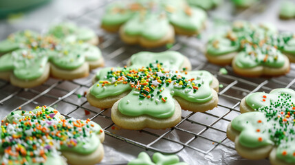 Fototapeta na wymiar Frosted St. Patricks Day shamrock or four leaf clover decorated sugar cookies