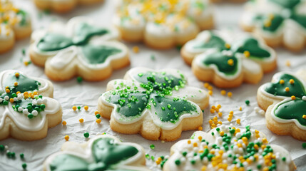 Frosted St. Patricks Day shamrock or four leaf clover decorated sugar cookies - obrazy, fototapety, plakaty