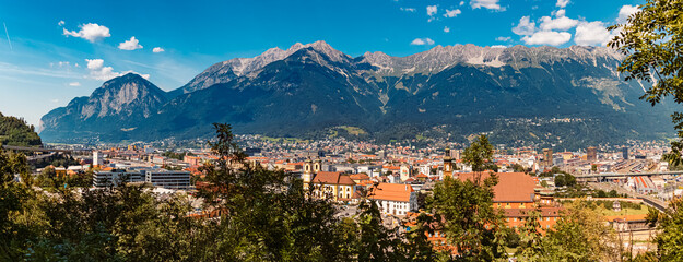 High resolution stitched alpine summer panorama with the famous Nordkette mountains in the...